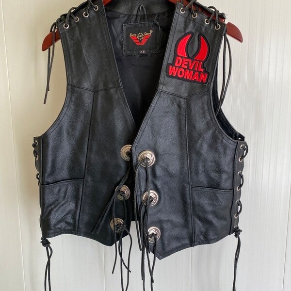 Vintage motorcycle woman leather vest Devil Woman Made in Europe