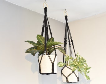 Macrame Plant Hanger No Tassel Indoor, Black Hanging Planter, Indoor Wall Planter, Plant Macrame Wall Hanging, Plant Lover Gift