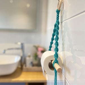 Teal Toilet Roll Holder Macrame Wall Hanging, Boho Bathroom Storage, Rustic Bath Accessory, Cotton Rope Loo Decor, Cloakroom Organisation