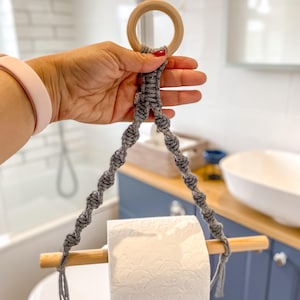 Grey Macrame Toilet Roll Holder, Boho Bathroom Wall Hanging, Minimalist Bath Accessory, Cotton Rope Loo Paper Hanger, Farmhouse Storage