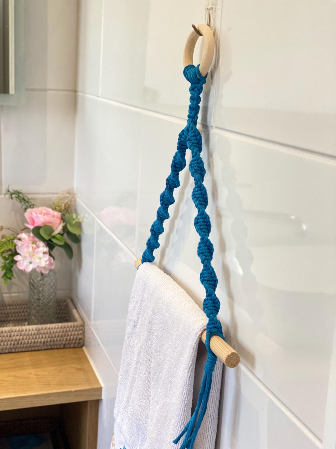Blue Kitchen Roll Holder Wall Mounted, Boho Tea Towel Hanger, Macrame ...