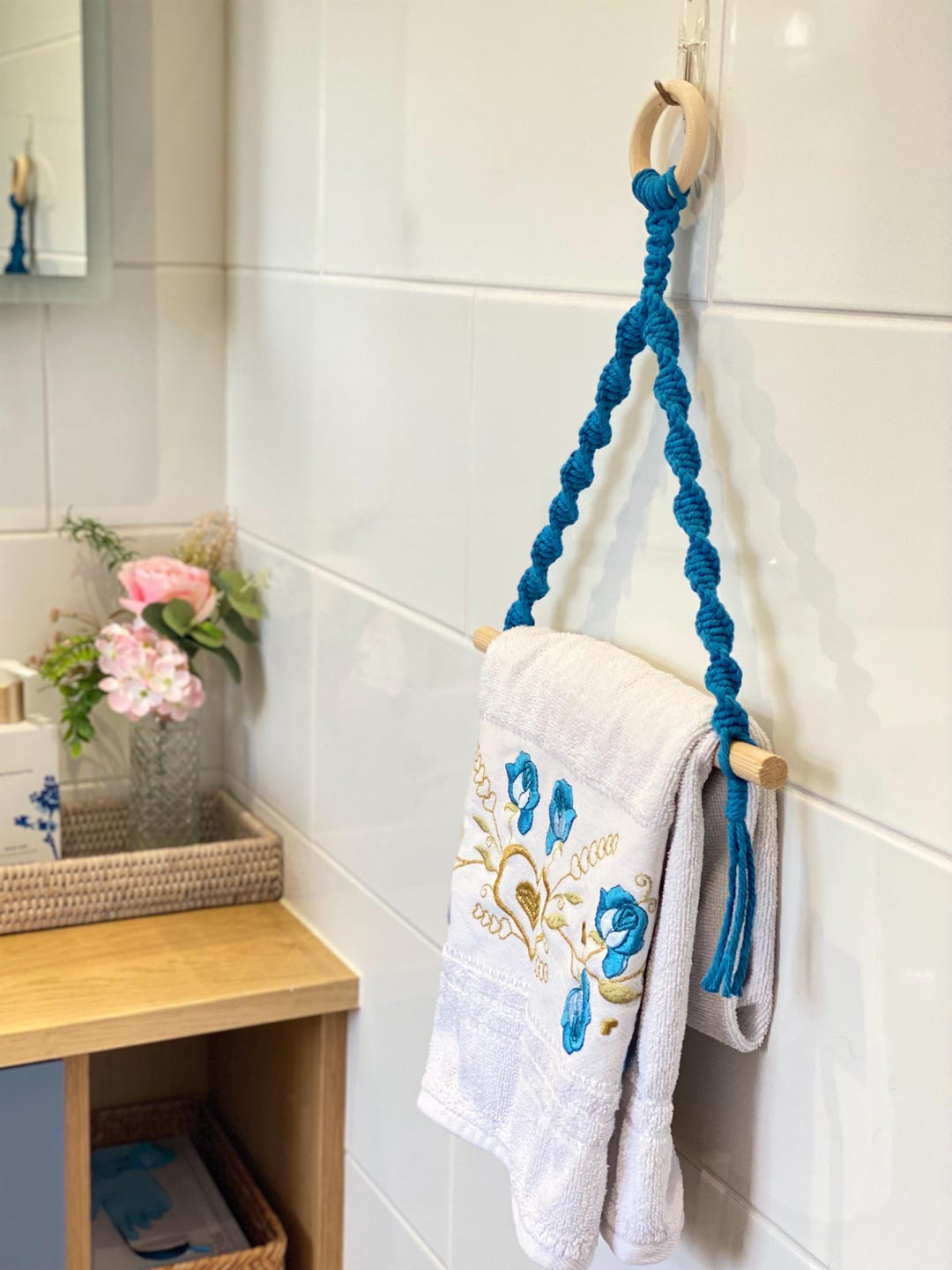 Blue Kitchen Roll Holder Wall Mounted, Boho Tea Towel Hanger, Macrame