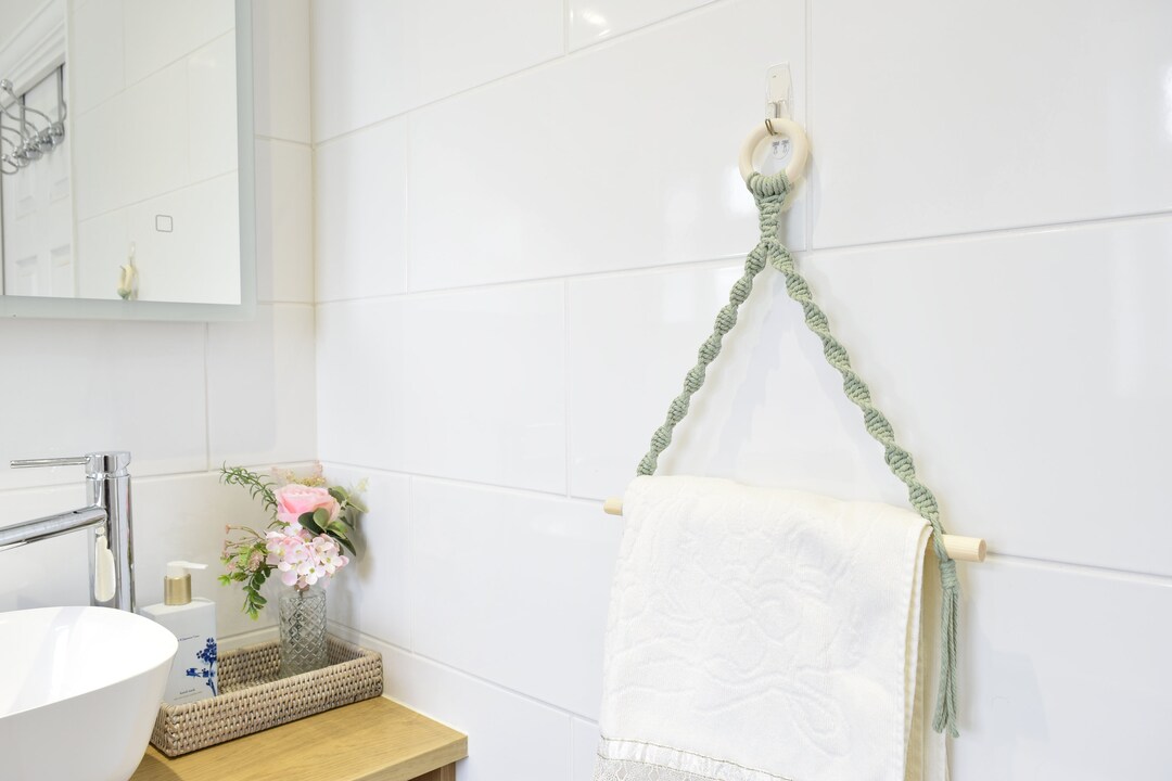 Sage Green Kitchen Roll Holder, Boho Tea Towel Hanger, Macrame Hand and