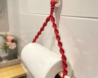 Festive Red Kitchen Roll Holder, Boho Tea Towel Hanger, Macrame Bath Sheet Rail, Rustic Face Cloth Bar, Wooden Wall Mounted Textile  Ring