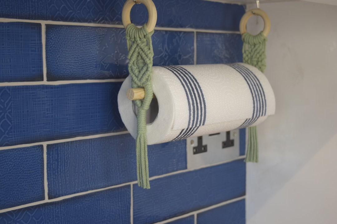 Macrame Kitchen Roll Holder, Sage Green Paper Towel Hanger, Rope