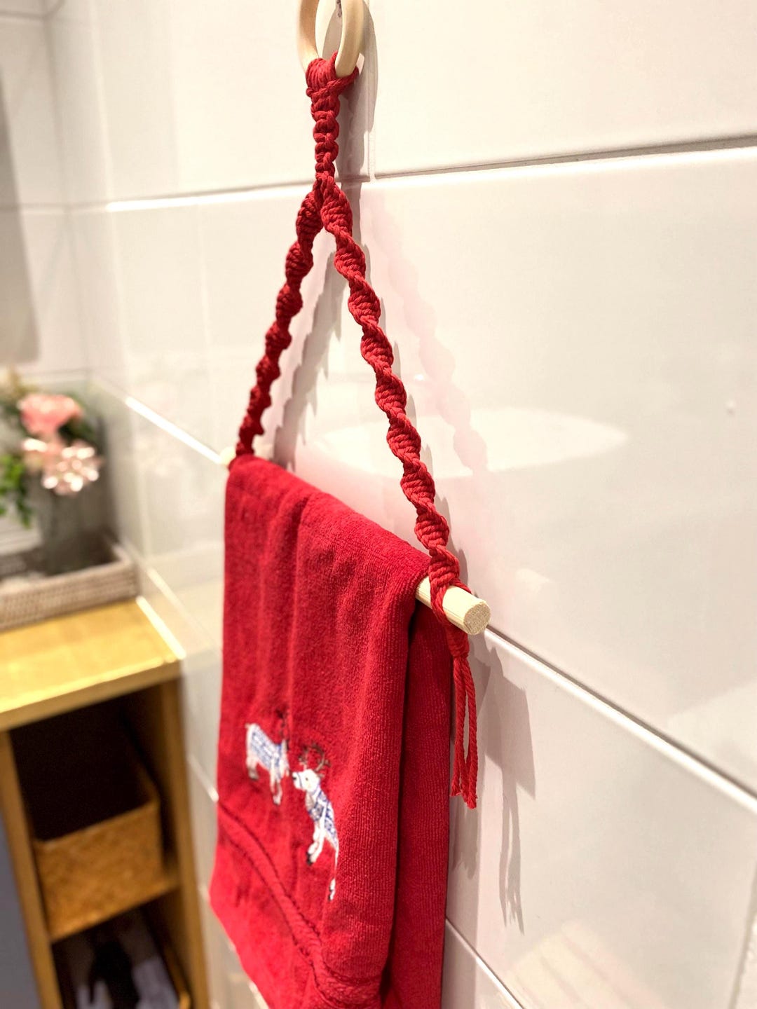 Festive Red Kitchen Roll Holder, Boho Tea Towel Hanger, Macrame Hand