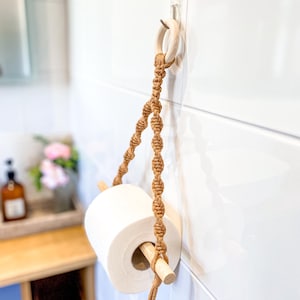 Latte Macrame Toilet Roll Holder-Toilet Paper Storage, Farmhouse Bathroom Hanger, Cottagecore Rope Loo Rail, Rustic Handmade Bath Decor