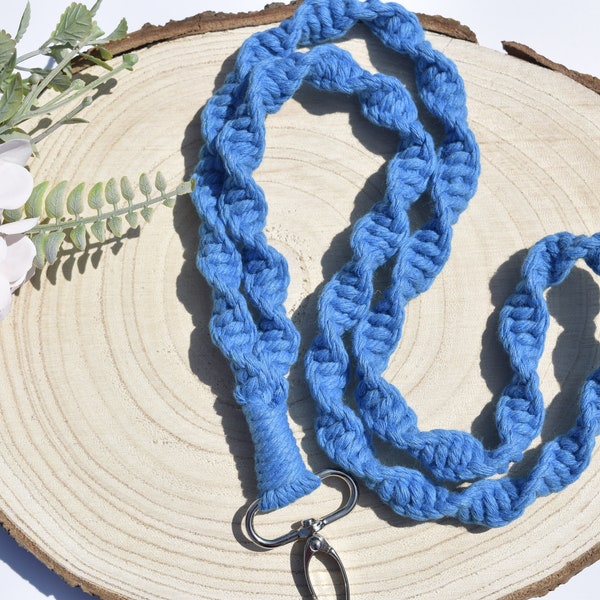 Blue Badge Holder, Boho Lightweight Work ID Card Leash, Macrame Key Holder, Unique Phone Strap, Cotton Keychain Lanyard Necklace