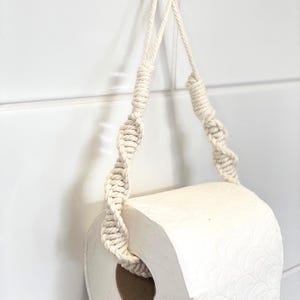 Beige Toilet Roll Holder Wall Mounted, Macrame Paper Tissue Rack, Rustic Rope Bathroom Organiser,  Eco Friendly Home Decor