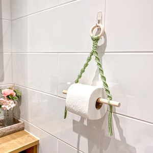Sage Green Wall Mounted Toilet Roll Holder, Small Boho Bathroom Storage, Macrame Loo Accessory
