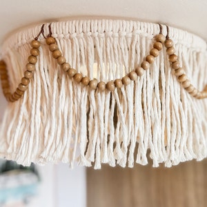 Boho Ecru Macrame RV Light Cover with Natural Wood Beads - RV Accessories for Inside, Camper Decor, and Interior Lighting