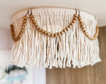 Boho Ecru Macrame RV Light Cover with Natural Wood Beads - RV Accessories for Inside, Camper Decor, and Interior Lighting