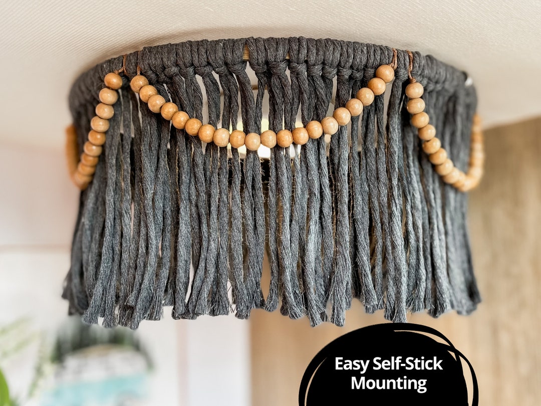 Boho Dark Gray Macrame RV Camper Light Cover With Natural Wood Beads RV