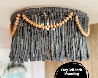 Boho Dark Gray Macrame RV Camper Light Cover with Natural Wood Beads - RV Accessories for Inside, Camper Decor, and Interior Lighting