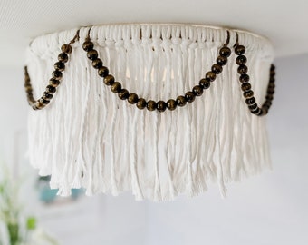 White Macrame with Wood Beads RV Light Cover, Camper Decor for Inside