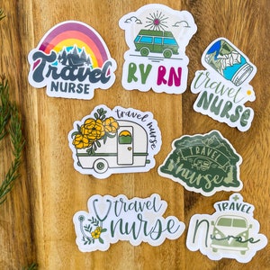 Travel Nurse Sticker Seven (7) Pack, Travel Nurse Vinyl Sticker, RV Travel Nursing, Camping Decal for Laptop, Water bottle, Journal