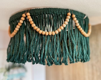 Forest Green Macrame RV Light Cover with Natural Wood Beads - RV Accessories for Inside, Camper Decor, and Interior Lighting