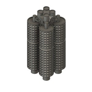 Könnte beinhalten: Ein graues 3D-Modell eines Mehrzylinderfilters mit einem Gittermuster auf jedem Zylinder.