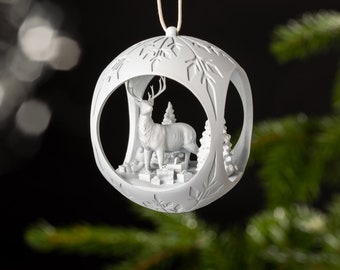 Christbaumkugel Weihnachtsbaum Hirsch stehend weiss Kugel Handarbeit 6,5cm Weihnachten 3D Druck K4