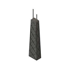 Può includere: Modello architettonico grigio di un grattacielo alto con un esterno a forma di reticolo. Due strutture cilindriche si estendono dalla parte superiore dell'edificio. Il modello è su sfondo bianco.