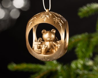 Christmas tree ornament, large teddy bear, gold ball, handmade, 6.5 cm, Christmas, 3D print K11