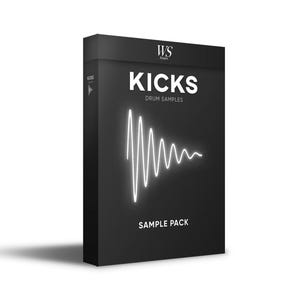 Peut inclure: Boîte noire avec du texte blanc qui dit "KICKS DRUM SAMPLES SAMPLE PACK" et un graphique de forme d'onde blanche.