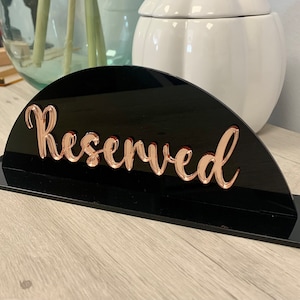 Reserved Table Sign on Black Glossy Acrylic with Black Base Stand and Mirror