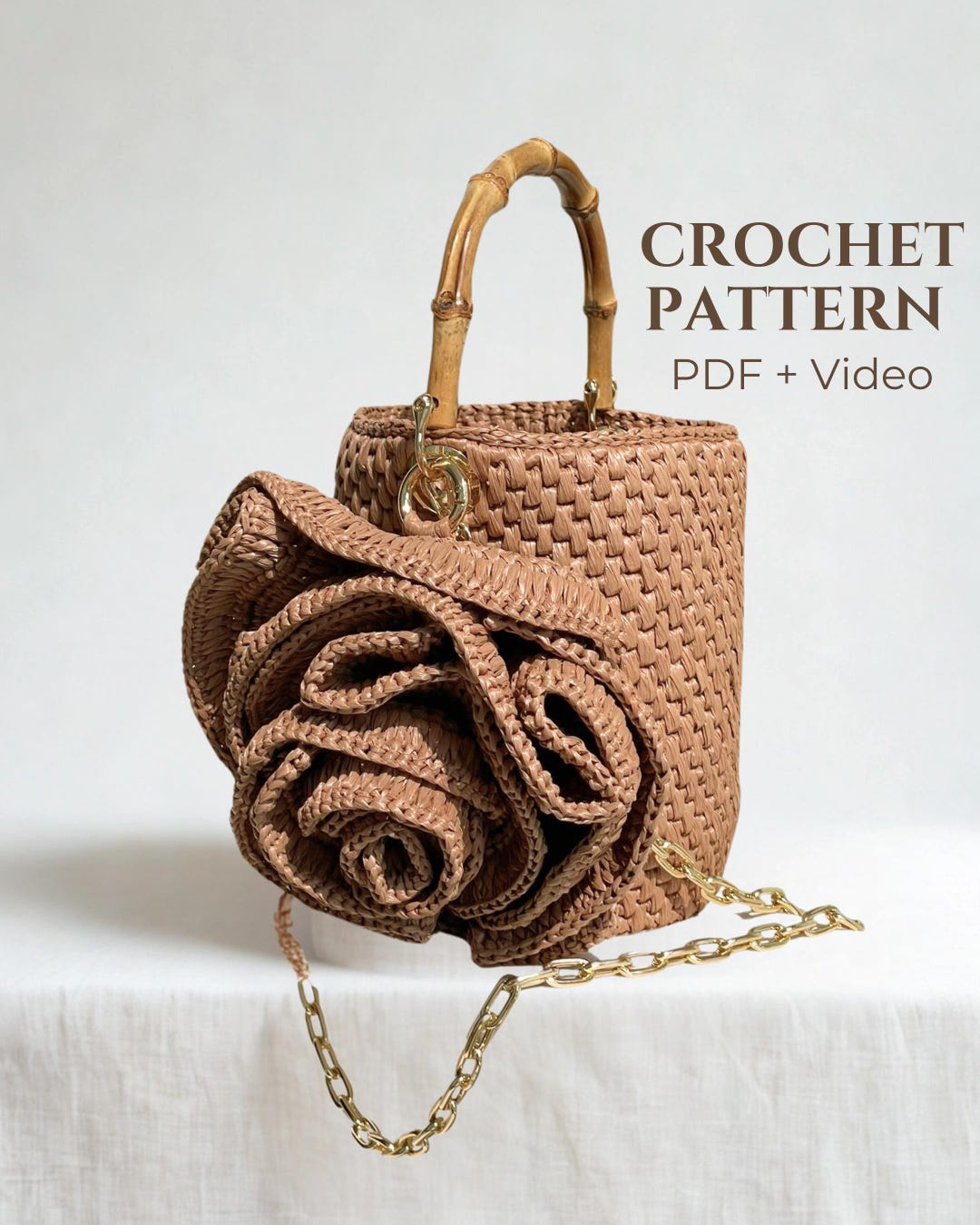 Raffia Crochet Bag Pattern – 3D Rose Bucket Bag PDF + Video Tutorial ...