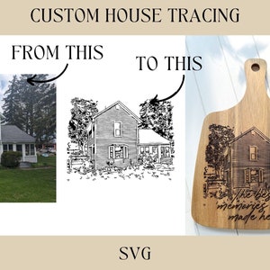 May include: A black and white line drawing of a house with trees in the background. The drawing is on a wooden cutting board with the text "The best memories were made here." engraved on it.