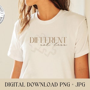 Könnte beinhalten: Ein weißes T-Shirt mit einem braunen Puzzle-Motiv und dem Text "DIFFERENT not less".