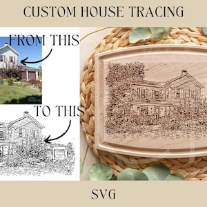 May include: A before and after image showing a house drawing. The original image is a photo of a house with a green lawn. The second image is a black and white line drawing of the house. The text "CUSTOM HOUSE TRACING" is at the top of the image. The text "FROM THIS" is above the photo and the text "TO THIS" is above the drawing. The text "SO YOU CAN USE IT FOR ALL YOUR PROJECT NEEDS!" is on the right side of the image. The text "SVG" is at the bottom of the image.