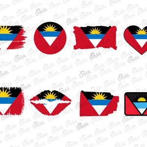 Op de afbeelding: Een set van acht digitale clipart-afbeeldingen met de vlag van Antigua en Barbuda in verschillende vormen, waaronder een cirkel, een hart, een vierkant en een ontwerp met een verweerd penseelstreepje.