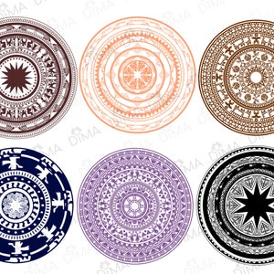 May include: Six circular designs with intricate patterns in various colors, including brown, orange, purple, blue, and black. Each design features a central star with concentric circles of geometric shapes.