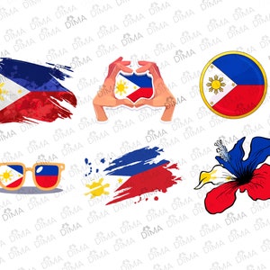 Peut inclure: Un ensemble de cinq graphiques numériques représentant le drapeau philippin. Les graphiques comprennent un drapeau à l'aspect vieilli, un drapeau dans un cercle, un drapeau en forme de cœur, un drapeau sur une paire de lunettes de soleil et une fleur d'hibiscus aux couleurs du drapeau.