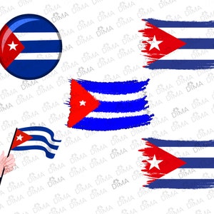 以下が含まれることがあります： キューバの国旗を4つの異なる方法で表現しています。1つ目は、赤い星と青と白のストライプが描かれた円形のボタンです。2つ目と3つ目は、国旗をスタイリッシュな筆致で表現したものです。4つ目は、棒についた旗が手によって振られている様子です。