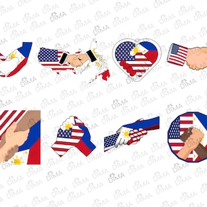 Philippines and USA Flag (8), United States of America, America, Handshake, Pilipinas Flag, Hands, Countries, Heart, Sun flag in svg png dxf
