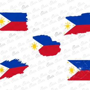 May include: Four variations of the Philippine flag. The first three are a blue, red, and yellow flag with a sun and stars in the upper left corner. The fourth flag is cracked and broken.