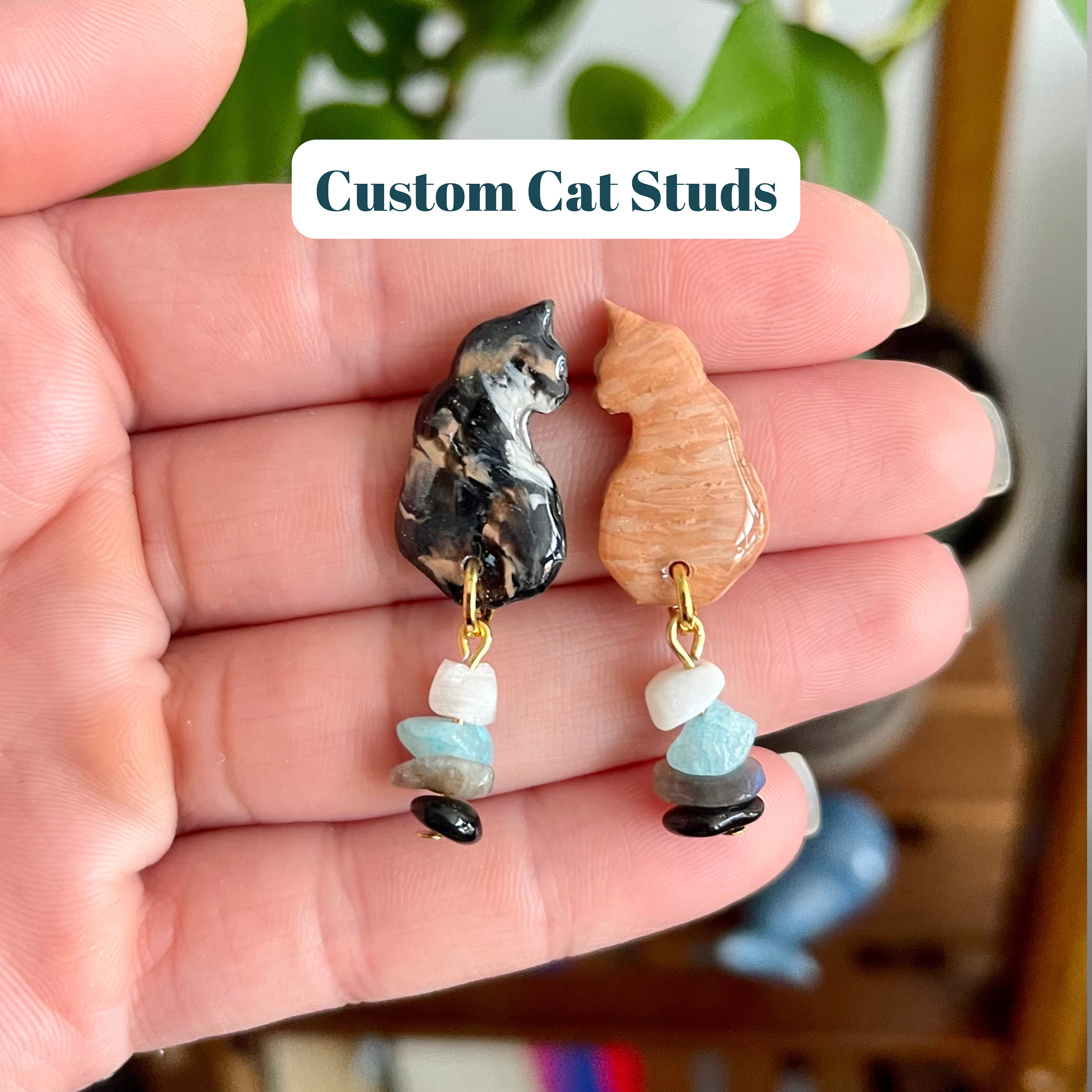 Personalized Cat Earrings, Custom Cat Clay Studs, Custom Cat Mom Gifts, Cat Lover Clay Earrings, Cat Gifts for Her, Cat Holiday Gifts