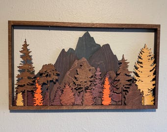 Layered Forest & Mountains Hanging Wall Art Custom 3D Wood Art 19"x11"