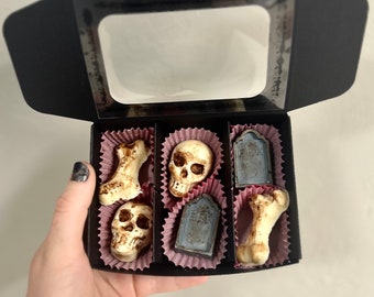 Boneyard Box | Raspberry Ganache Skulls | Spooky Chocolate Box | Goth | Gourmet Chocolate | Horror Fan Gift | Mother’s Day Gift | Truffles