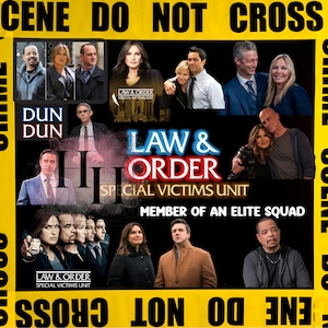 Può includere: Un collage di immagini con il cast della serie televisiva "Law & Order: Special Victims Unit". Le immagini sono disposte in una griglia e sono circondate da nastro giallo di sicurezza con il testo "Scene Do Not Cross" e "Crime Scene Do Not Cross". Il testo "Law & Order: Special Victims Unit" è visualizzato al centro del collage, insieme al testo "Membro di una squadra d'élite".