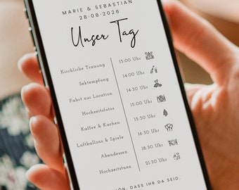 Brush Script Edit – Digitaler Tagesablauf mit Icons, DIY Vorlage, Hochzeitsprogramm mit Illustrationen, Agenda Hochzeit, Sofort Download