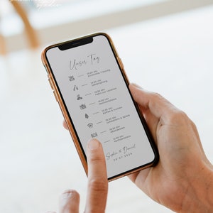 Peut inclure: L'écran d'un smartphone affiche un programme de mariage avec des icônes et des heures. Le programme comprend la cérémonie, la réception et d'autres événements. Le texte en bas indique "Sophie & Daniel 20.07.2028".
