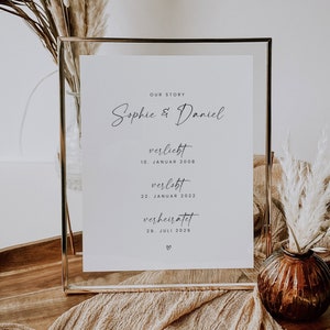 SARABI Personalisierbares Poster verliebt verlobt verheiratet, digitale DIY Vorlage, unsere Geschichte Jahrestag, PDF | A4, A5, 10x15cm