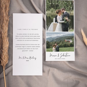 TIMON Danksagungskarte mit Fotos, digitale DIY Vorlage, Dankeskarte Hochzeit, personalisierbar, Sofort Download, Pdf | 10x21 cm hoch