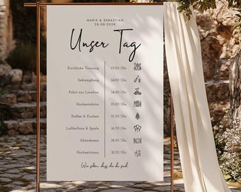 Brush Script Edit – Welcome sign with daily schedule and icons, digital DIY template, wedding program, instant download, PDF | DIN A2–A4