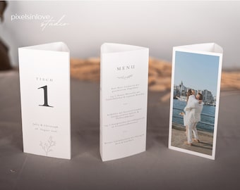 Botanical Line Edit – Three-sided photo display stand, digital DIY template, wedding menu with illustration, table number, instant download