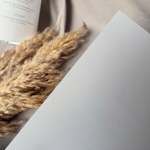 May include: A close-up shot of a white, angled paper surface with a soft, textured appearance. Dried, tan-colored ornamental grass and a menu with German text are in the background. The menu includes the words "HAUPTSPEISE" and "DESSERT".