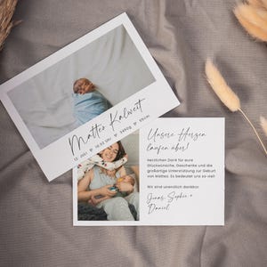SARABI Baby Thank You Card with Photo v1, Digital DIY Template, Birth Thank You Card, Customizable, Instant Download, PDF | DIN A6 Landscape