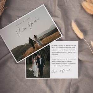 SARABI Danksagungskarte mit Foto, digitale DIY Vorlage, Dankeskarte Hochzeit, personalisierbar, Sofort Download, Pdf | DIN A6 quer